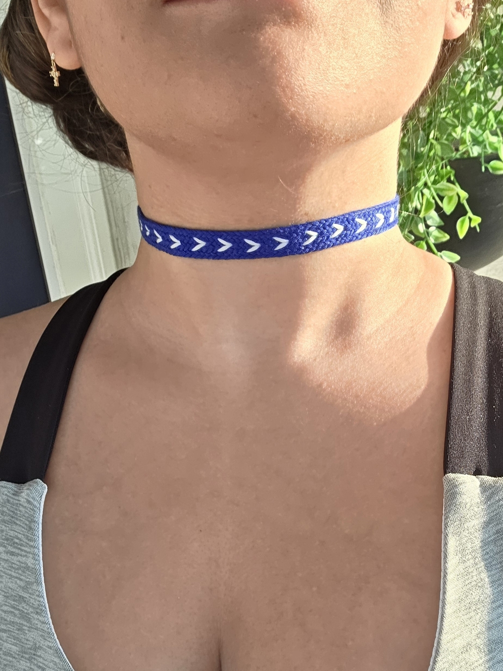 White and Blue Chevron Fabric Choker Necklace + Silver Chain Extender